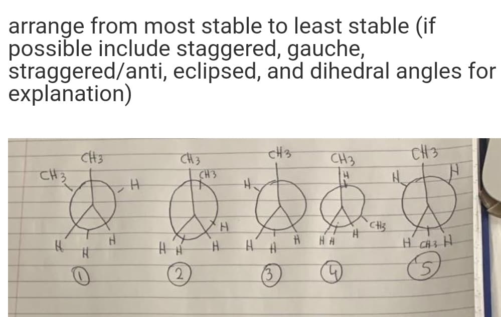 arrange from most stable to least stable (if
possible include staggered, gauche,
straggered/anti, eclipsed, and dihedral angles for
explanation)
CH3
CH3
CH3
CH3
CH3
CH3
CH3
CH3
%23
H H
HCH3 H
