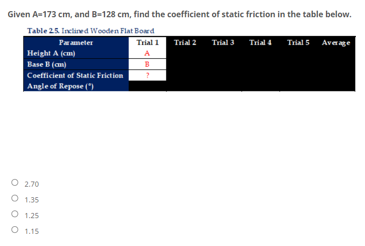 Given A=173 cm, and B=128 cm, find the coefficient of static friction in the table below.
Table 2.5. Incline d Wooden Flat Board
Trial 1
Trial 4
Trial 3
Trial 5 Averag e
Trial 2
Parameter
A
Height A (cm)
B
Base B (an)
Coefficient of Static Friction
Angle of Repose ().
O 2.70
O 1.35
O 1.25
O 1.15

