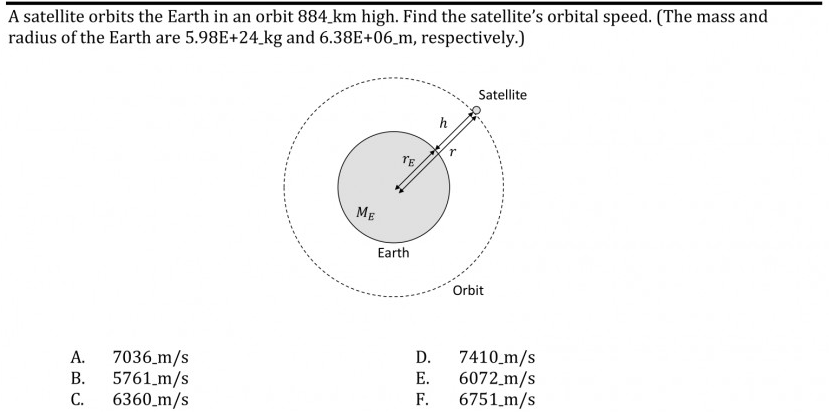 A satellite orbits the Earth in an orbit 884 km high. Find the satellite's orbital speed. (The mass and
radius of the Earth are 5.98E+24.kg and 6.38E+06_m, respectively.)
Satellite
h
TE
ME
Earth
Orbit
7410 m/s
6072_m/s
6751 m/s
D.
7036 m/s
5761 m/s
6360_m/s
А.
Е.
В.
F.
С.
