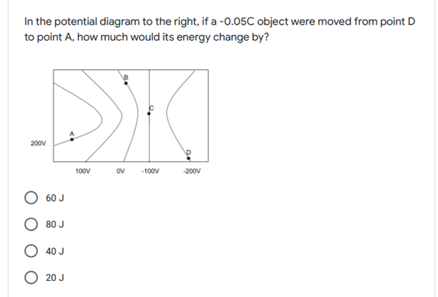 In the potential diagram to the right, if a -0.05C object were moved from point D
to point A, how much would its energy change by?
200V
100V
ov
-100V
-200V
60 J
80 J
40 J
O 20 J
