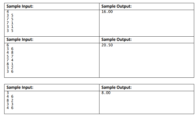 Sample Input:
Sample Output:
16.00
4
3 5
7 5
7 1
3 1
3 5
Sample Input:
Sample Output:
20.50
3 6
4 8
5 7
8 1
3 2
3 6
Sample Input:
Sample Output:
8.00
4 6
8 2
3 3
4 6
