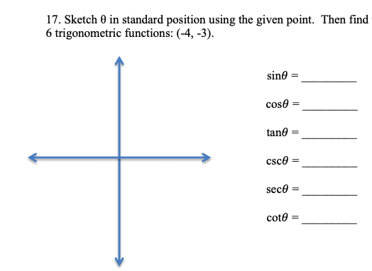 17. Sketch 0 in standard position using the given point. Then find
6 trigonometric functions: (-4, -3).
sine =
cose =
tane =
csce =
sece
coto
