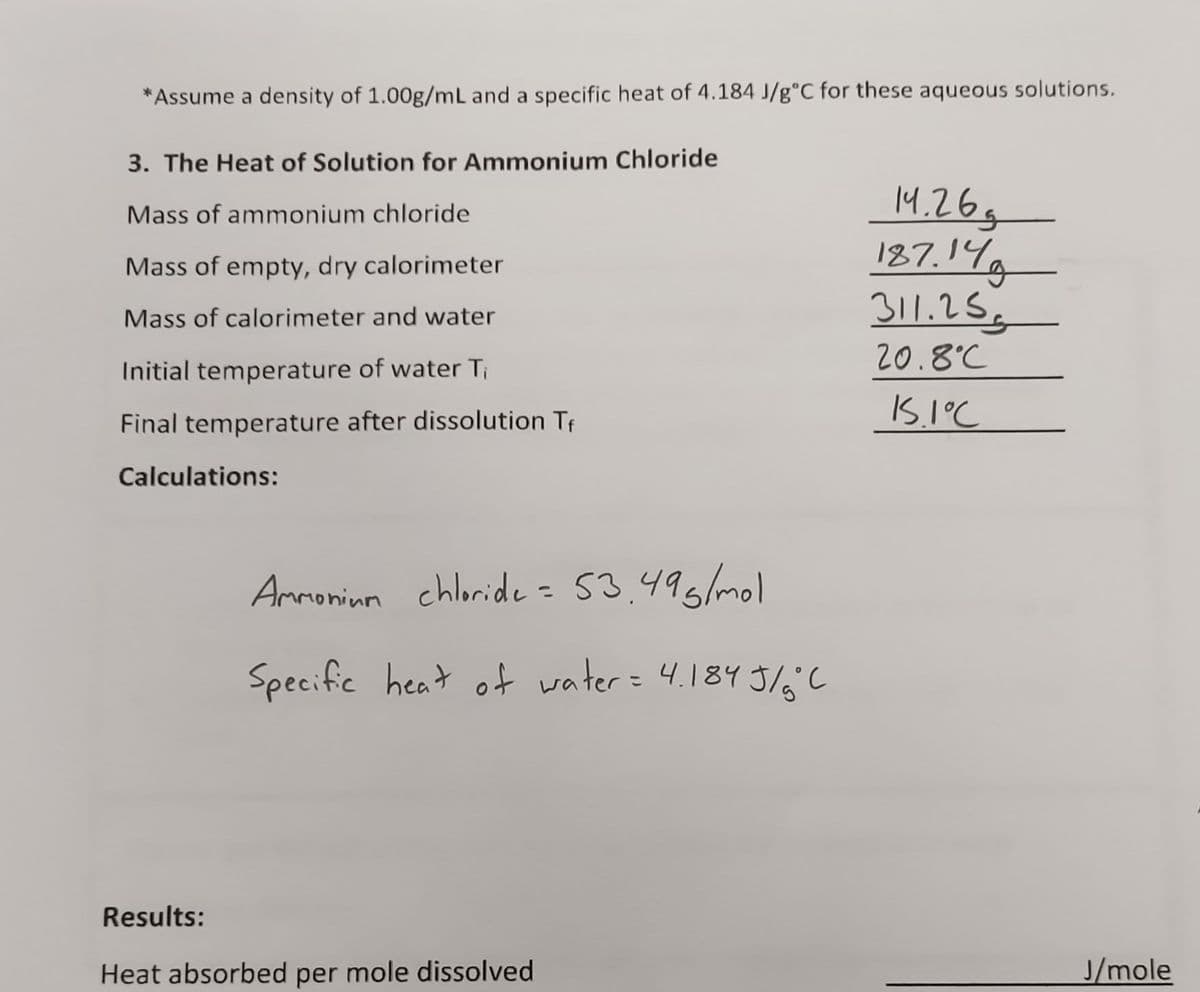 *Assume a density of 1.00g/mL and a specific heat of 4.184 J/g°C for these aqueous solutions.
3. The Heat of Solution for Ammonium Chloride
14.26.
187.19
311.25g
Mass of ammonium chloride
Mass of empty, dry calorimeter
Mass of calorimeter and water
20.8°C
Initial temperature of water Ti
5.1°C
Final temperature after dissolution Tf
Calculations:
Ammoniun chloride= 53,495/ml
chloride = 53.495ml
%3D
Specific heat of water= 4.184 J/6°C
Results:
Heat absorbed per mole dissolved
J/mole
