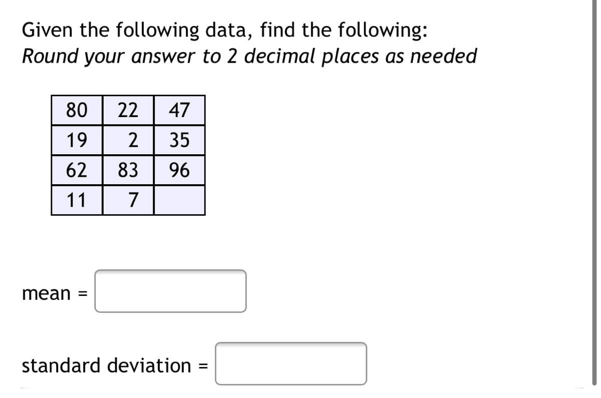 Given the following data, find the following:
Round your answer to 2 decimal places as needed
80
22
47
19
2
35
62
83
96
11
7
mean =
standard deviation =
%3D
