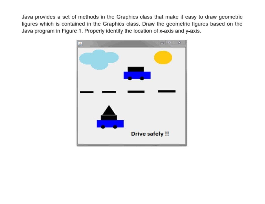 Java provides a set of methods in the Graphics class that make it easy to draw geometric
figures which is contained in the Graphics class. Draw the geometric figures based on the
Java program in Figure 1. Properly identify the location of x-axis and y-axis.
Drive safely !
