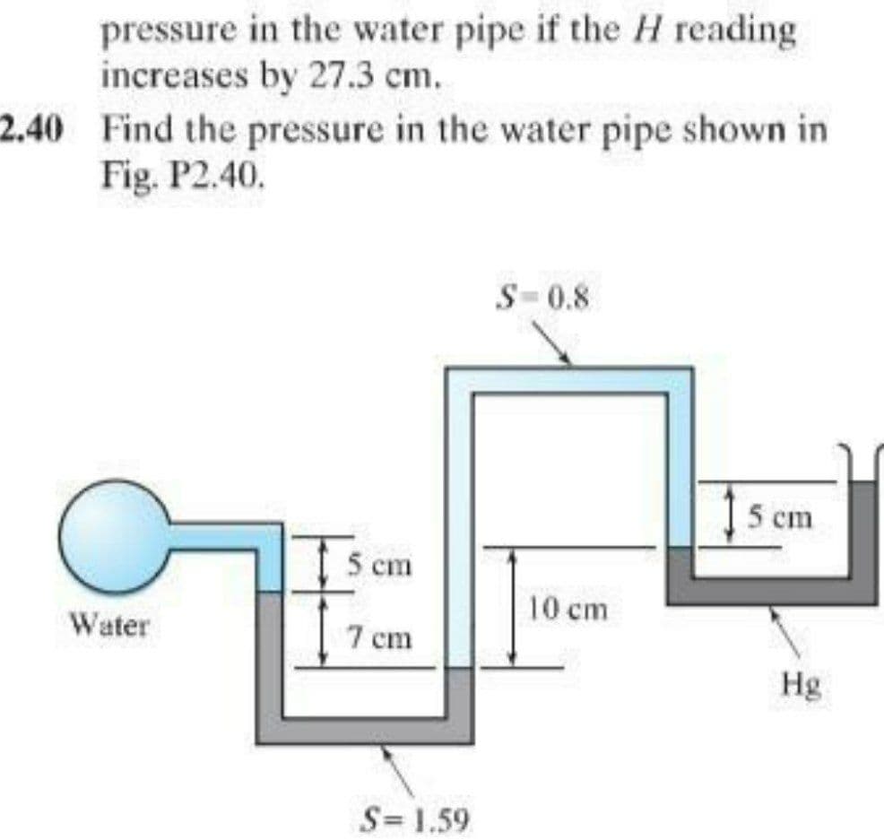 pressure in the water pipe if the H reading
increases by 27.3 cm.
2.40 Find the pressure in the water pipe shown in
Fig. P2.40.
S-0.8
J 5 cm
5 cm
10 cm
Water
7 сm
Hg
S= 1.59
