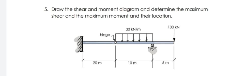 5. Draw the shear and moment diagram and determine the maximum
shear and the maximum moment and their location.
100 kN
30 kN/m
hinge n
10 m
5 m
20 m
