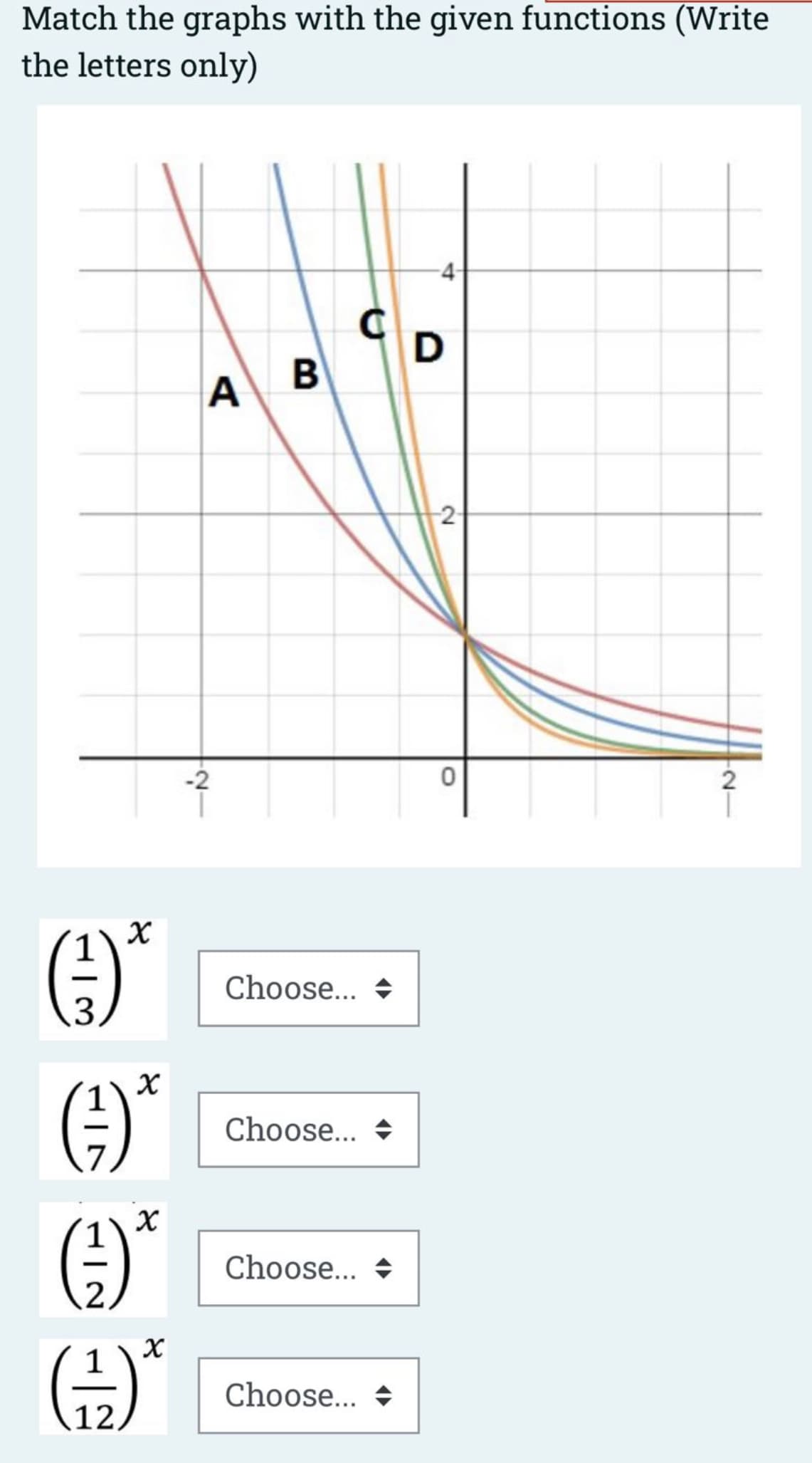 Match the graphs with the given functions (Write
the letters only)
4-
A B
2-
-2
2
)*
Choose... +
3.
Choose... +
Choose... +
1
Choose... +
12,
