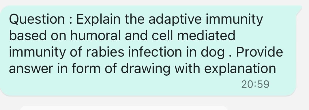Question : Explain the adaptive immunity
based on humoral and cell mediated
immunity of rabies infection in dog. Provide
answer in form of drawing with explanation
20:59