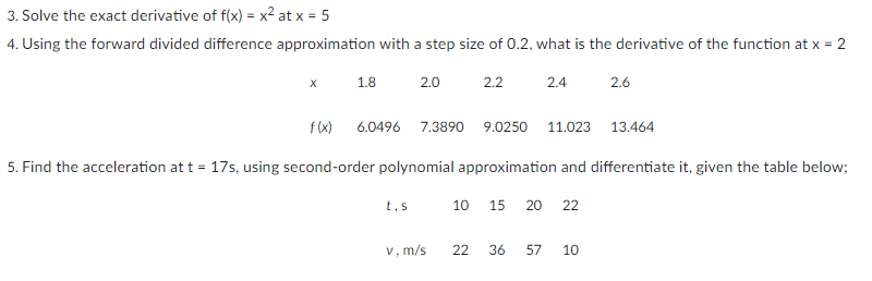 3. Solve the exact derivative of f(x) = x² at x = 5
4. Using the forward divided difference approximation with a step size of 0.2, what is the derivative of the function at x = 2
1.8
2.0
2.2
2.4
2.6
f (x)
6.0496
7.3890
9.0250
11.023
13.464
5. Find the acceleration at t = 17s, using second-order polynomial approximation and differentiate it, given the table below;
t,s
10
15
20
22
v, m/s
36
57
10
22
