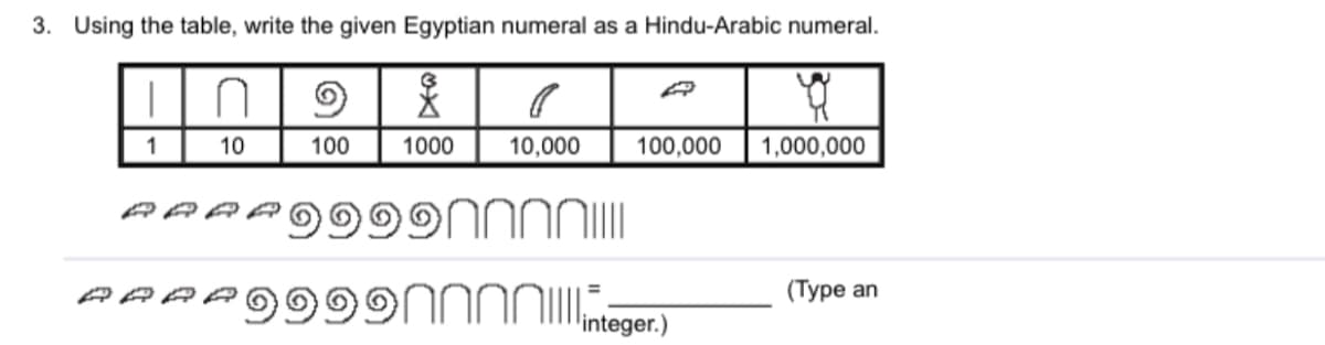 3. Using the table, write the given Egyptian numeral as a Hindu-Arabic numeral.
10
100
1000
10,000
100,000
1,000,000
(Type an
integer.)
