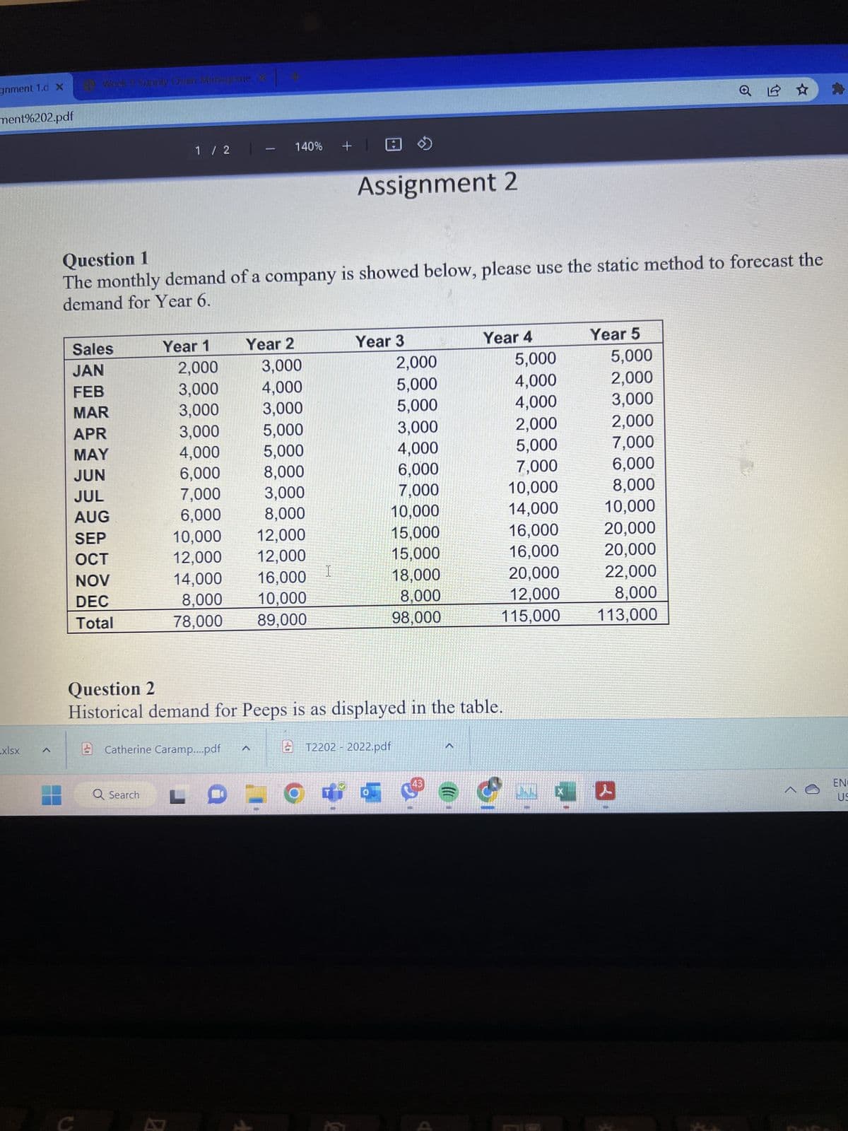 gnment 1.d X
ment%202.pdf
.xlsx
HP Work & Supply Chain Marakane
Sales
JAN
FEB
MAR
APR
MAY
JUN
JUL
AUG
SEP
OCT
NOV
DEC
Total
-
1 / 2 -
Question 1
The monthly demand of a company is showed below, please use the static method to forecast the
demand for Year 6.
Year 1
Q Search
2,000
3,000
3,000
3,000
4,000
6,000
7,000
6,000
10,000
12,000
14,000
8,000
78,000
Catherine Caramp....pdf
Z
Year 2
140%
3,000
4,000
3,000
5,000
5,000
8,000
3,000
8,000
12,000
12,000
16,000
10,000
89,000
LDE
+ @
I
Assignment 2
Year 3
Question 2
Historical demand for Peeps is as displayed in the table.
2,000
5,000
5,000
3,000
4,000
6,000
7,000
10,000
15,000
15,000
18,000
8,000
98,000
T2202- 2022.pdf
0
Year 4
}})
5,000
4,000
4,000
2,000
5,000
7,000
10,000
14,000
16,000
16,000
20,000
12,000
115,000
!
Year 5
5,000
2,000
3,000
2,000
7,000
6,000
8,000
10,000
20,000
20,000
22,000
8,000
113,000
Q☆
l
EN
US