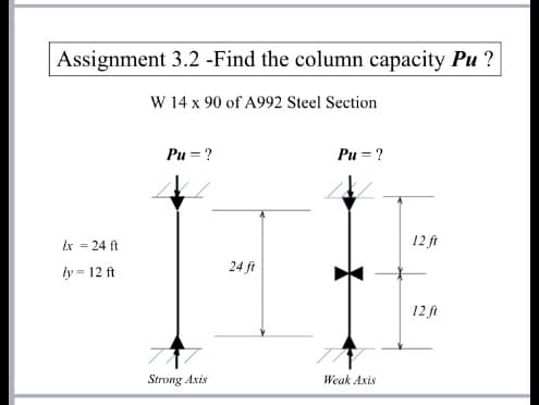 Assignment 3.2 -Find the column capacity Pu ?
W 14 x 90 of A992 Steel Section
Pu = ?
Pu = ?
Ix = 24 ft
12 ft
ly = 12 ft
24 ft
12 ft
Strong Axis
Weak Axis
