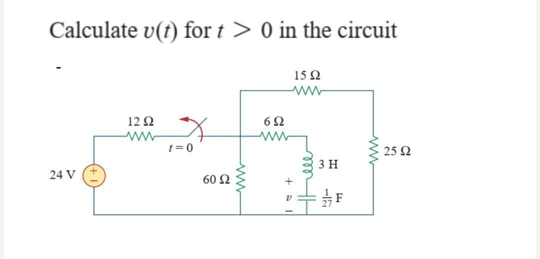 Calculate v(t) for t > 0 in the circuit
15Ω
ww
12 Ω
24 V
Μ
t = 0
60 Ω
www
Μ
6Ω
+€1
m
3 Η
F
Μ
25 Ω