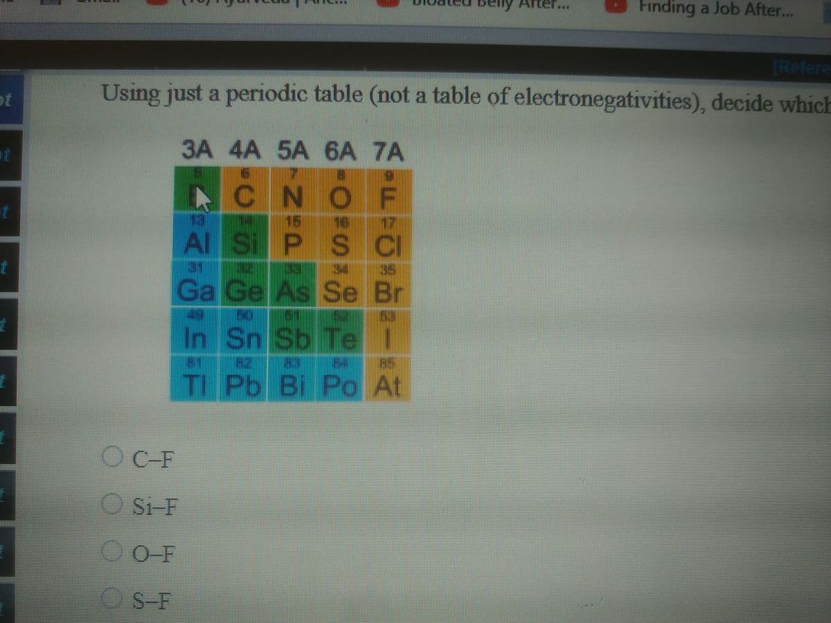 Afte
Finding a Job After..
IRefere
Using just a periodic table (not a table of electronegativities), decide which
ot
3A 4A 5A 6A 7A
17
ACNO F
13
.15
ne
17
Al Si PS C
I
31
34
35
Ga Ge As Se Br
53
In Sn Sb Te I
81
82)
85
TI Pb Bi Po At
OC-F
O Si-F
O-F
OS-F
