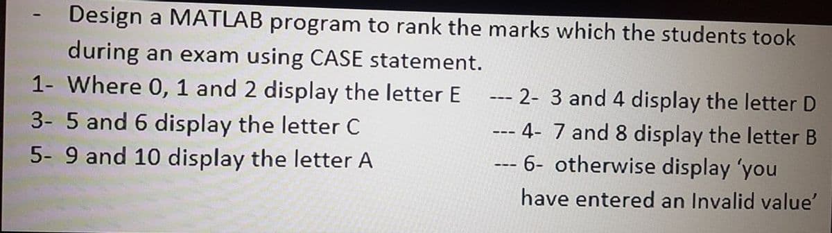 Design a MATLAB program to rank the marks which the students took
during an exam using CASE statement.
1- Where 0, 1 and 2 display the letter E
3- 5 and 6 display the letter C
5- 9 and 10 display the letter A
--- 2- 3 and 4 display the letter D
-- 4- 7 and 8 display the letter B
--- 6- otherwise display 'you
have entered an Invalid value'