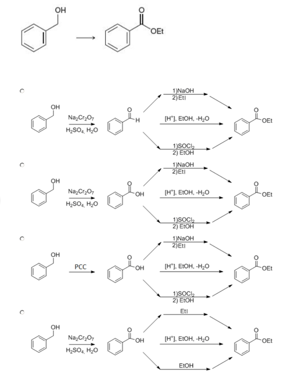 OH
он
Na₂Cr₂O7
H₂SO4 H₂O
Na₂Cr₂O7
H₂SO4, H₂O
PCC
Na₂Cr₂O7
H₂SO4, H₂O
OH
OH
OH
OEt
1)NaOH
2) Etl
[H*]. EtOH, -H₂O
1)SOCI₂
2) EtOH
1)NaOH
2)Etl
[H*], EtOH, -H₂O
1)SOCI
2) EtOH
1)NaOH
2)Etl
[H*], EtOH, -H₂O
1)SOCI
2) EtOH
Eti
[H*], EtOH, -H₂O
EtOH
OEt
OEt
OEt
OEt