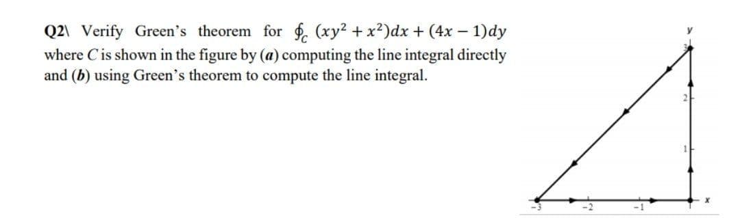 Q2\ Verify Green's theorem for f. (xy? + x?)dx + (4x – 1)dy
where Cis shown in the figure by (a) computing the line integral directly
and (b) using Green's theorem to compute the line integral.

