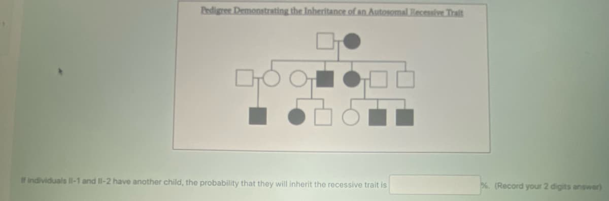 Pedigree Demonstrating the Inheritance of an Autosomal Recessive Trait
GOOF GOD
If individuals Il-1 and II-2 have another child, the probability that they will inherit the recessive trait is
%. (Record your 2 digits answer)
