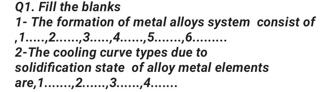 Q1. Fill the blanks
1- The formation of metal alloys system consist of
,1...,2...,3..,4...,5..,6...
2-The cooling curve types due to
solidification state of alloy metal elements
are, 1...,2....,3...,4....
.....I
.....•
