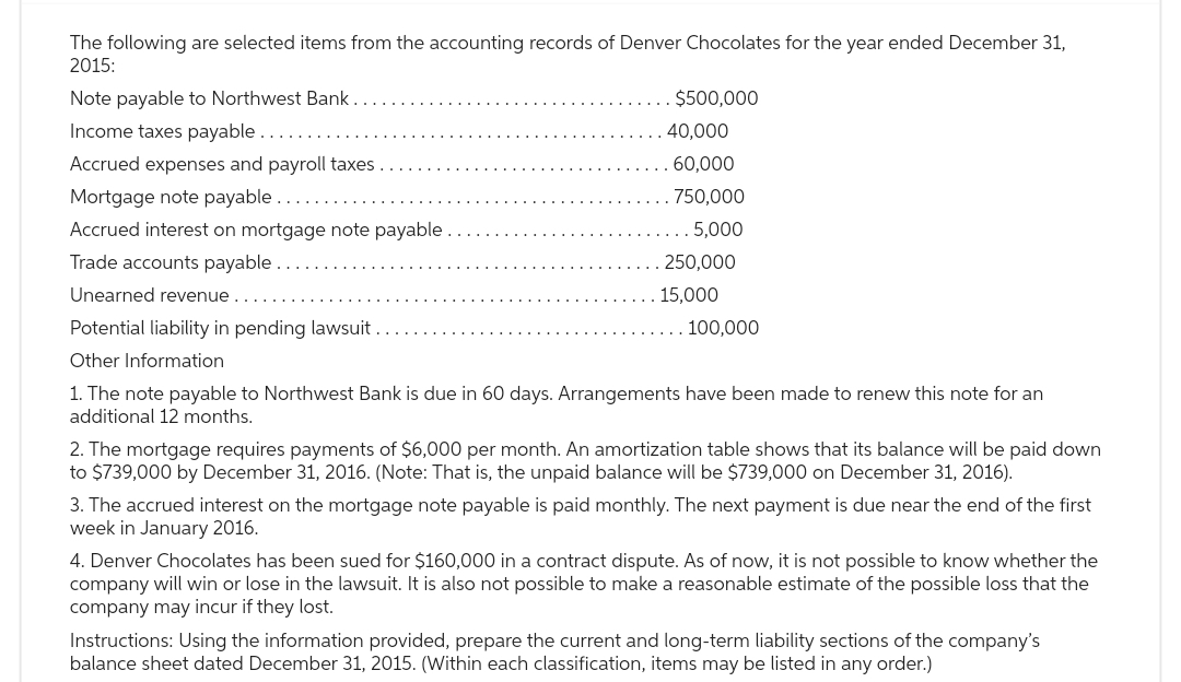 The following are selected items from the accounting records of Denver Chocolates for the year ended December 31,
2015:
Note payable to Northwest Bank.
Income taxes payable.
Accrued expenses and payroll taxes
Mortgage note payable.
Accrued interest on mortgage note payable
Trade accounts payable.
Unearned revenue..
Potential liability in pending lawsuit..
Other Information
$500,000
40,000
60,000
750,000
5,000
250,000
15,000
. 100,000
1. The note payable to Northwest Bank is due in 60 days. Arrangements have been made to renew this note for an
additional 12 months.
2. The mortgage requires payments of $6,000 per month. An amortization table shows that its balance will be paid down
to $739,000 by December 31, 2016. (Note: That is, the unpaid balance will be $739,000 on December 31, 2016).
3. The accrued interest on the mortgage note payable is paid monthly. The next payment is due near the end of the first
week in January 2016.
4. Denver Chocolates has been sued for $160,000 in a contract dispute. As of now, it is not possible to know whether the
company will win or lose in the lawsuit. It is also not possible to make a reasonable estimate of the possible loss that the
company may incur if they lost.
Instructions: Using the information provided, prepare the current and long-term liability sections of the company's
balance sheet dated December 31, 2015. (Within each classification, items may be listed in any order.)