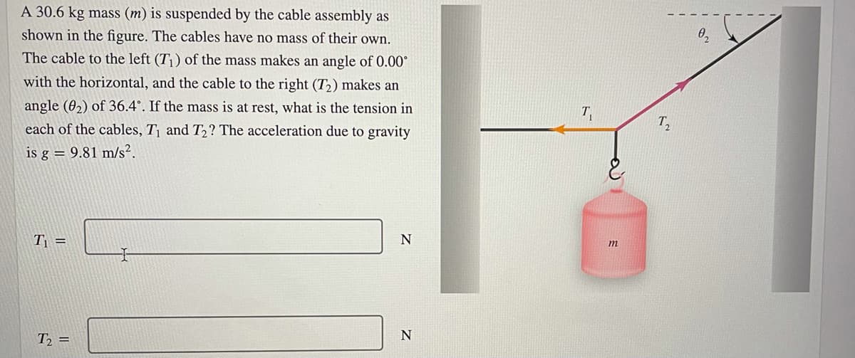 A 30.6 kg mass (m) is suspended by the cable assembly as
shown in the figure. The cables have no mass of their own.
The cable to the left (T|) of the mass makes an angle of 0.00°
with the horizontal, and the cable to the right (T2) makes an
angle (02) of 36.4°. If the mass is at rest, what is the tension in
T
each of the cables, T¡ and T,? The acceleration due to gravity
is g = 9.81 m/s².
T =
N
m
T2 =
N
