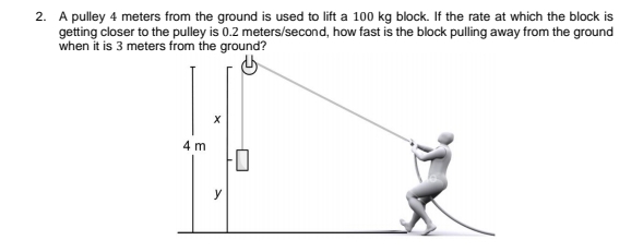 2. A pulley 4 meters from the ground is used to lift a 100 kg block. If the rate at which the block is
getting closer to the pulley is 0.2 meters/second, how fast is the block pulling away from the ground
when it is 3 meters from the ground?
4 m
y
%D
