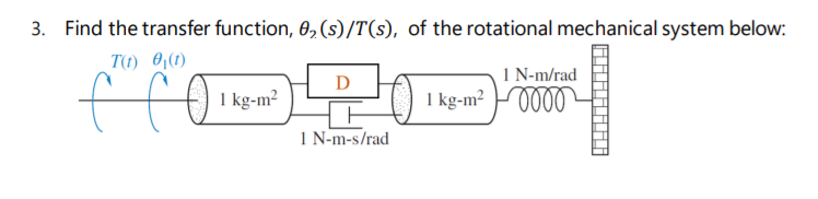 3. Find the transfer function, 0, (s)/T(s), of the rotational mechanical system below:
T(1) 0 (1)
1N-m/rad
I kg-m2
1 kg-m² F0000
1 N-m-s/rad
