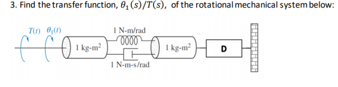 3. Find the transfer function, 0, (s)/T(s), of the rotational mechanical system below:
T(t) 0,(1)
1N-m/rad
I kg-m2
I kg-m?
D
1 N-m-s/rad
