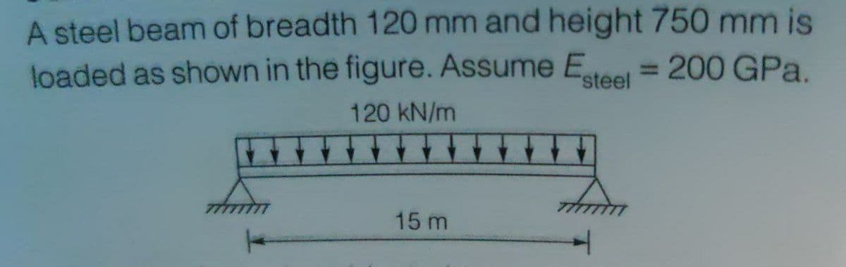 A steel beam of breadth 120 mm and height 750 mm is
loaded as shown in the figure. Assume Eteel = 200 GPa.
120 kN/m
15 m
