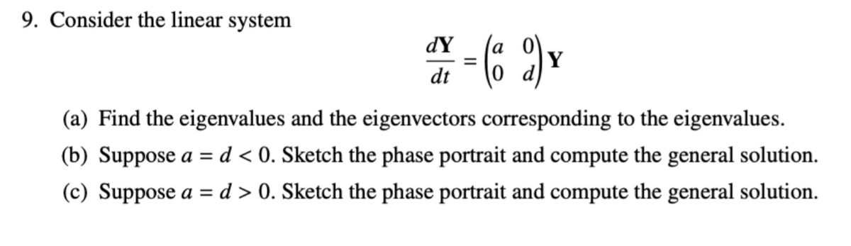 9. Consider the linear system
dY
а
Y
dt
(a) Find the eigenvalues and the eigenvectors corresponding to the eigenvalues.
(b) Suppose a = d < 0. Sketch the phase portrait and compute the general solution.
(c) Suppose a = d > 0. Sketch the phase portrait and compute the general solution.
