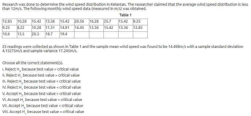 Research was done to determine the wind speed distribution in Kelantan. The researcher claimed that the average wind speed distribution is less
than 12m/s. The following monthly wind speed data (measured in m/s) was obtained.
Table 1
|10.28 15.42 13.36 15.42
|15.42 9.25
25.7
15.42
12.85
20.56
16.28
9.25
8.22
10.28
11.31
14.91
16.45
13.36
13.36
12.85
10.6
13.5
20.3
18.7
19.4
25 readings were collected as shown in Table 1 and the sample mean wind speed was found to be 14.498m/s with a sample standard deviation
4.15275m/s and sample variance 17.245m/s.
Choose all the correct statement(s).
I. Reject H, because test value > critical value
II. Reject H, because test value > critical value
III. Reject H, because test value < critical value
IV. Reject H, because test value < critical value
V. Accept H, because test value > critical value
VI. Accept H, because test value > critical value
VII. Accept H, because test value < critical value
VIII. Accept H, because test value < critical value
