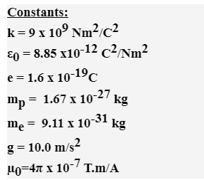 Constants:
k= 9 x 10° Nm2c2
ɛ0 = 8.85 x10-12 c²Nm²
е %3D1.6 х 10-19с
mp = 1.67 x 10-27
mẹ
9.11 x 10-31
kg
g = 10.0 m/s²
lo=47 x 10-/ T.m/A

