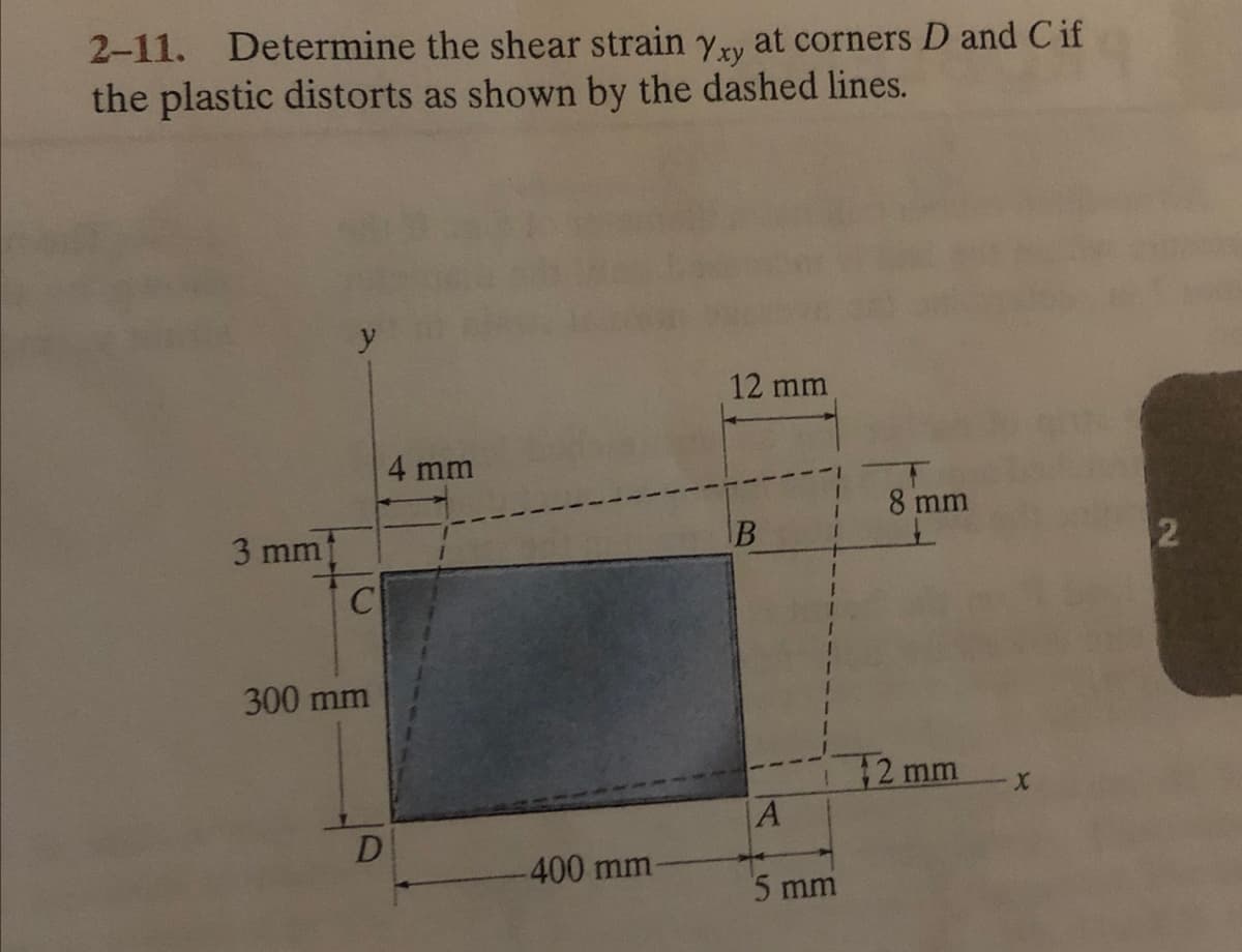 2-11. Determine the shear strain Yxy at corners D and C if
the plastic distorts as shown by the dashed lines.
3 mm
C
300 mm
D
4 mm
-400 mm
12 mm
B
A
5 mm
8 mm
12 mm
2