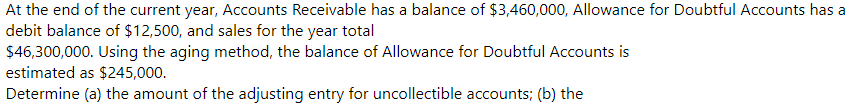 At the end of the current year, Accounts Receivable has a balance of $3,460,000, Allowance for Doubtful Accounts has a
debit balance of $12,500, and sales for the year total
$46,300,000. Using the aging method, the balance of Allowance for Doubtful Accounts is
estimated as $245,000.
Determine (a) the amount of the adjusting entry for uncollectible accounts; (b) the
