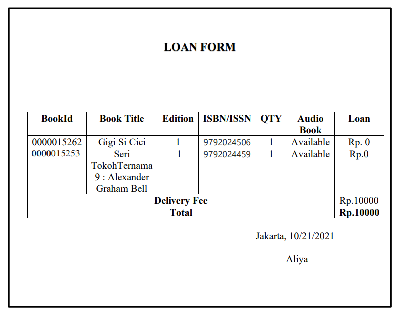 LOAN FORM
Вookld
Book Title
Edition ISBN/ISSN | QTY
Audio
Loan
Вook
Gigi Si Cici
Seri
1
1
1
Rp. 0
Rp.0
0000015262
9792024506
Available
0000015253
1
9792024459
Available
TokohTernama
9: Alexander
Graham Bell
Delivery Fee
Total
Rp.10000
Rp.10000
Jakarta, 10/21/2021
Aliya
