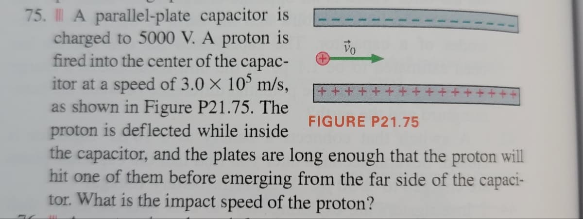 75. A parallel-plate capacitor is
charged to 5000 V. A proton is
fired into the center of the capac-
itor at a speed of 3.0 × 105 m/s,
as shown in Figure P21.75. The
proton is deflected while inside
++++
FIGURE P21.75
the capacitor, and the plates are long enough that the proton will
hit one of them before emerging from the far side of the capaci-
tor. What is the impact speed of the proton?