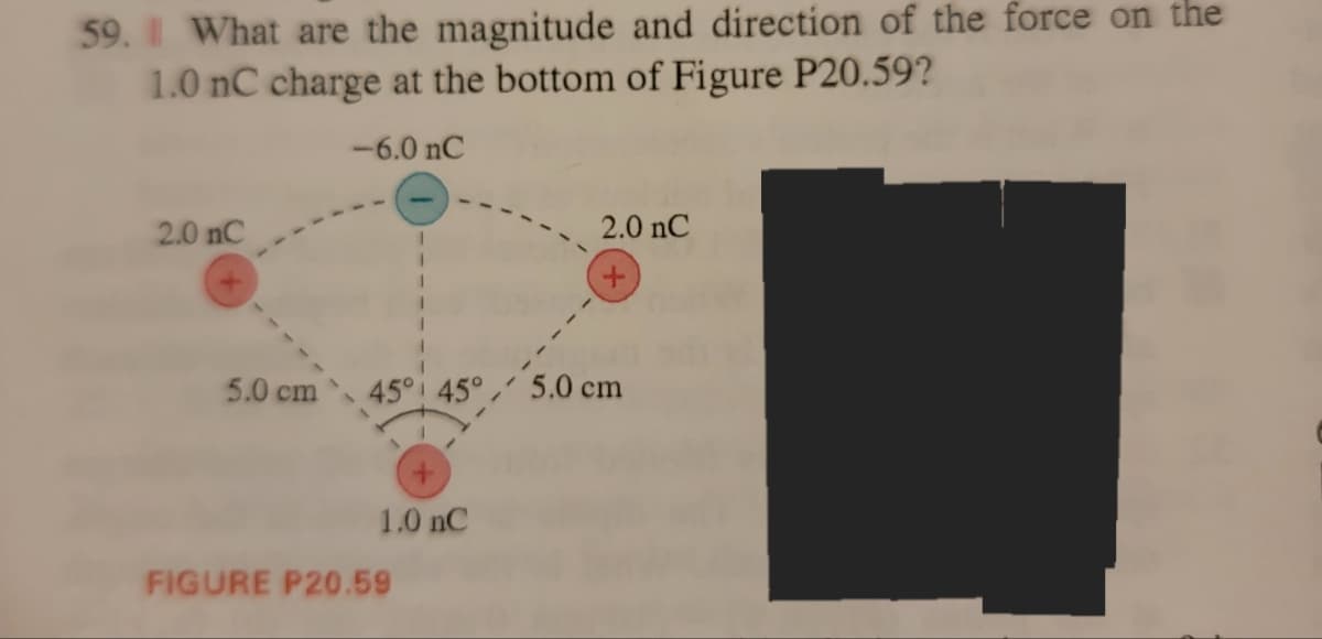 59. What are the magnitude and direction of the force on the
1.0 nC charge at the bottom of Figure P20.59?
-6.0 nC
2.0 nC
5.0 cm 45° 45° 5.0 cm
1.0 nC
2.0 nC
+
FIGURE P20.59