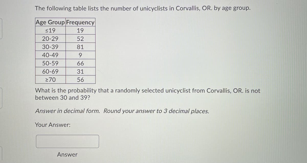 The following table lists the number of unicyclists in Corvallis, OR. by age group.
Age Group Frequency
<19
19
20-29
52
30-39
81
40-49
9.
50-59
66
60-69
31
270
56
What is the probability that a randomly selected unicyclist from Corvallis, OR. is not
between 30 and 39?
Answer in decimal form. Round your answer to 3 decimal places.
Your Answer:
Answer
