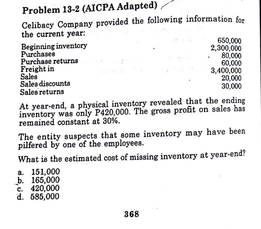 Problem 13-2 (AICPA Adapted)
Celibacy Company provided the following information for
the current year:
Beginning inventory
Purchases
Purchase returns
Freight in
Sales
Sales discounts
Sales returns
650,000
2,300,000
80,000
60,000
3,400,000
20,000
30,000
At year-end, a physical inventory revealed that the ending
inventory was only P420,000. The gross profit on sales has
remained constant at 30%.
The entity suspects that some inventory may have been
pilfered by one of the employees.
What is the estimated cost of missing inventory at year-end?
а. 151,000
b. 165,000
с. 420,000
d. 585,000
368
