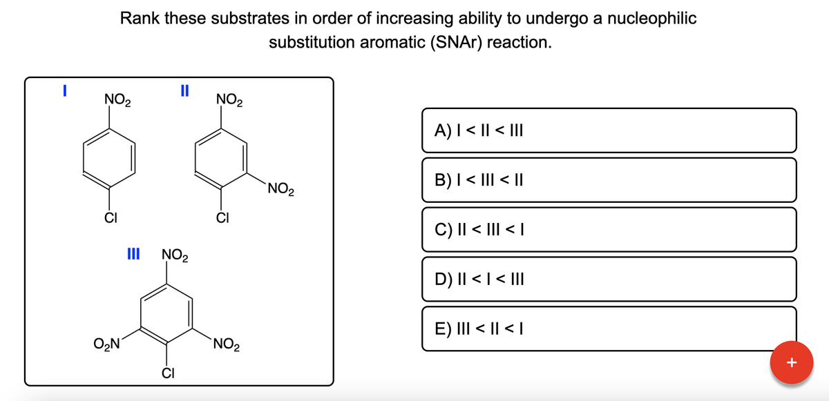 Rank these substrates in order of increasing ability to undergo a nucleophilic
substitution aromatic (SNAR) reaction.
II
NO2
NO2
A)I < || < |II
B)I < III < ||
`NO2
CI
CI
C) I| < III < |
II
NO2
D) II < | < II
E) III < || < |
O2N
`NO2
CI
+
