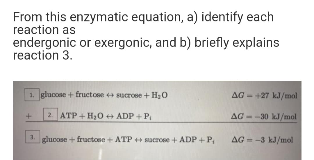 From this enzymatic equation, a) identify each
reaction as
endergonic or exergonic, and b) briefly explains
reaction 3.
1. glucose + fructose sucrose+ H20
AG = +27 kJ/mol
%3D
2. ATP+ H20 + ADP + Pi
AG =-30 kJ/mol
3.
glucose + fructose + ATP + sucrose + ADP +Pi
AG = -3 kJ/mol
