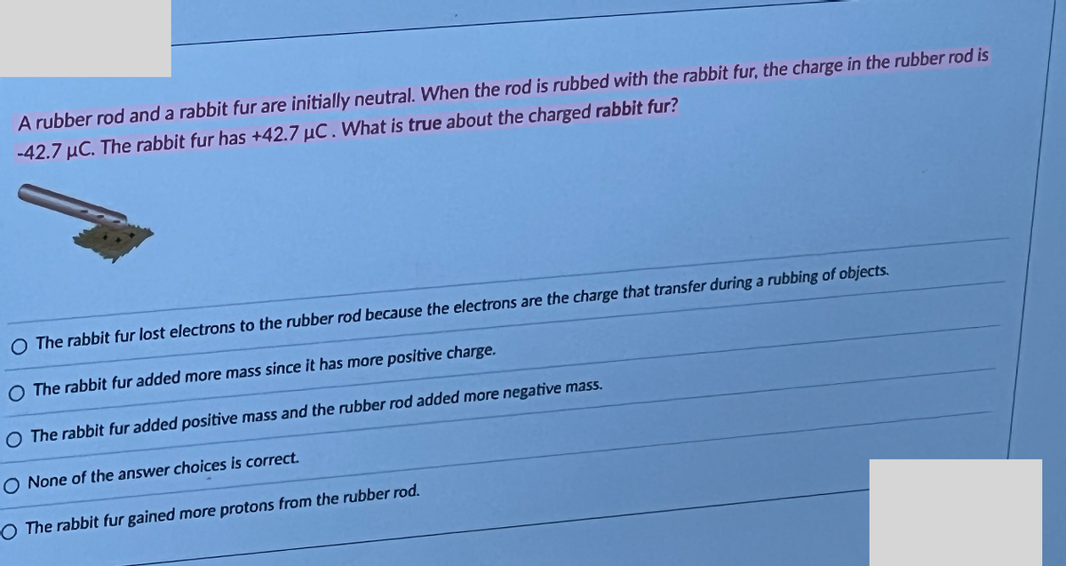 A rubber rod and a rabbit fur are initially neutral. When the rod is rubbed with the rabbit fur, the charge in the rubber rod is
-42.7 μC. The rabbit fur has +42.7 μC. What is true about the charged rabbit fur?
The rabbit fur lost electrons to the rubber rod because the electrons are the charge that transfer during a rubbing of objects.
O The rabbit fur added more mass since it has more positive charge.
O The rabbit fur added positive mass and the rubber rod added more negative mass.
O None of the answer choices is correct.
O The rabbit fur gained more protons from the rubber rod.