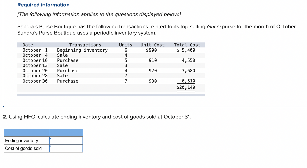 Required information
[The following information applies to the questions displayed below.]
Sandra's Purse Boutique has the following transactions related to its top-selling Gucci purse for the month of October.
Sandra's Purse Boutique uses a periodic inventory system.
Unit Cost
$900
Units
Total Cost
Date
October 1
October 4
October 10
October 13
October 20
October 28
Transactions
6.
$ 5,400
Beginning inventory
Sale
Purchase
Sale
Purchase
Sale
Purchase
4
910
4,550
3
4
920
3,680
6,510
$20,140
October 30
7
930
2. Using FIFO, calculate ending inventory and cost of goods sold at October 31.
Ending inventory
Cost of goods sold
