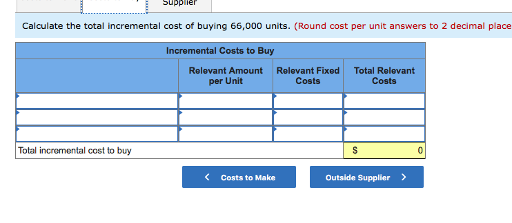 Supplier
Calculate the total incremental cost of buying 66,000 units. (Round cost per unit answers to 2 decimal place
Incremental Costs to Buy
Relevant Amount Relevant Fixed Total Relevant
Costs
per Unit
Costs
Total incremental cost to buy
( Costs to Make
Outside Supplier >
