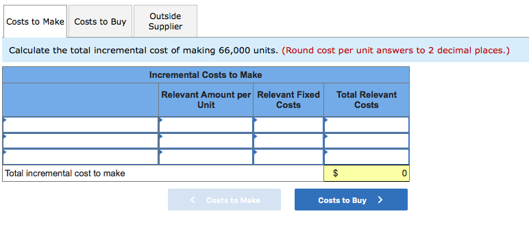 Outside
Costs to Make Costs to Buy
Supplier
Calculate the total incremental cost of making 66,000 units. (Round cost per unit answers to 2 decimal places.)
Incremental Costs to Make
Relevant Amount per Relevant Fixed
Costs
Total Relevant
Costs
Unit
Total incremental cost to make
Costs to Make
Costs to Buy>
