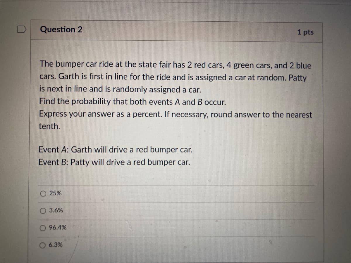 Question 2
1 pts
The bumper car ride at the state fair has 2 red cars, 4 green cars, and 2 blue
cars. Garth is first in line for the ride and is assigned a car at random. Patty
is next in line and is randomly assigned a car.
Find the probability that both events A and B occur.
Express your answer as a percent. If necessary, round answer to the nearest
tenth.
Event A: Garth will drive a red bumper car.
Event B: Patty will drive a red bumper car.
O 25%
O 3.6%
96.4%
6.3%
