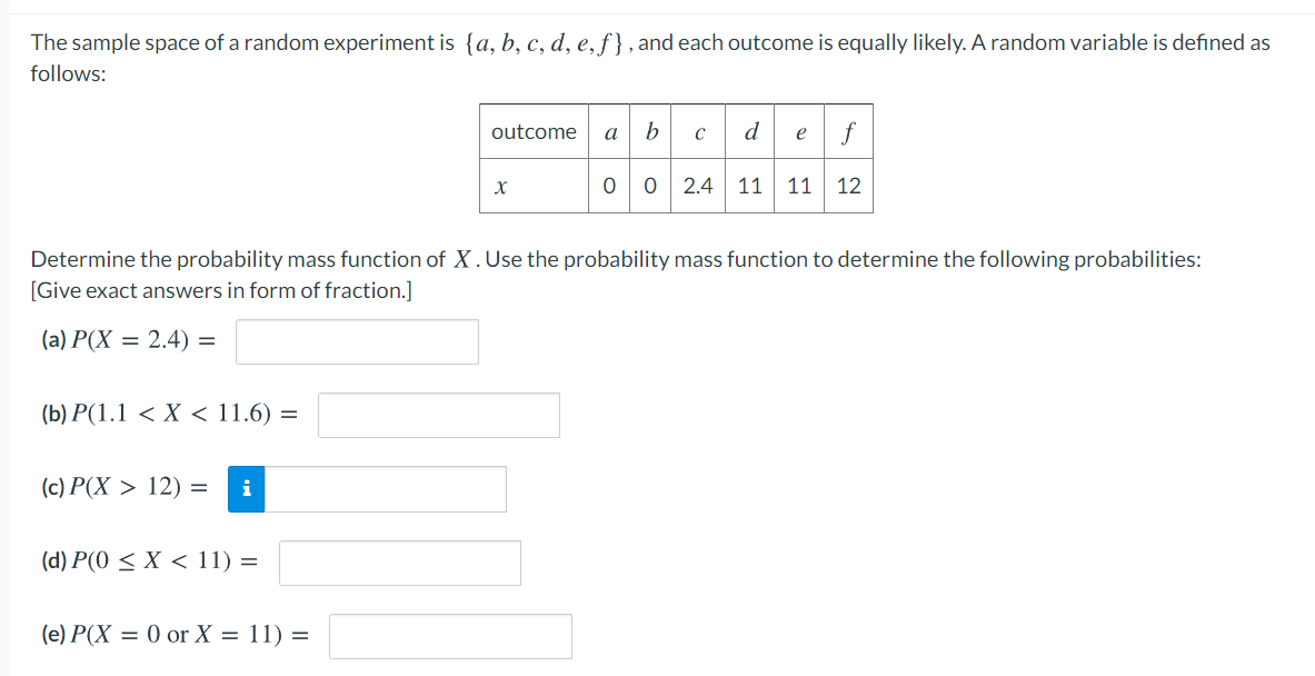 The sample space of a random experiment is {a, b, c, d, e, f}, and each outcome is equally likely. A random variable is defined as
follows:
bcdef
outcome
a
2.4 11 11
12
Determine the probability mass function of X.Use the probability mass function to determine the following probabilities:
[Give exact answers in form of fraction.]
(a) Р(X — 2.4) %3
(b) Р(1.1 < Х < 11.6) %3D
(c) P(X > 12) =
i
(d) P(0 < X < 11) =
(е) Р(X — 0 or X — 11) —
