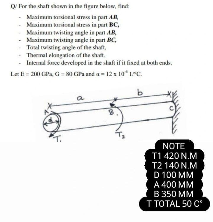 Q/ For the shaft shown in the figure below, find:
Maximum torsional stress in part AB,
Maximum torsional stress in part BC,
- Maximum twisting angle in part AB,
- Maximum twisting angle in part BC,
- Total twisting angle of the shaft,
Thermal elongation of the shaft.
- Internal force developed in the shaft if it fixed at both ends.
Let E = 200 GPa, G = 80 GPa and a = 12 x 10 1/°C.
a
NOTE
T1 420 N.M
T2 140 N.M
D 100 MM
A 400 MM
В 350 MМ
T TOTAL 50 C°
