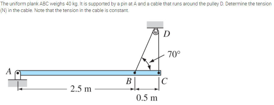The uniform plank ABC weighs 40 kg. It is supported by a pin at A and a cable that runs around the pulley D. Determine the tension
(N) in the cable. Note that the tension in the cable is constant.
D
70°
A
Bl.
В
2.5 m
0.5 m

